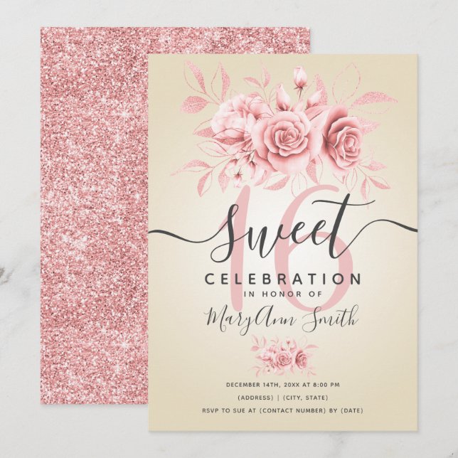 Invitación Rosa Fab Purpurina Floral Dorado Crema de cumpleañ (Anverso / Reverso)