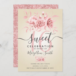 Invitación Rosa Fab Purpurina Floral Dorado Crema de cumpleañ
