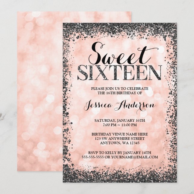 Invitación Rosa Faux Black Purpurina Luces Sweet 16 (Anverso / Reverso)
