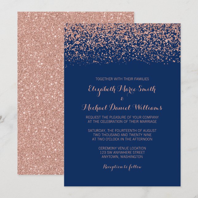Invitación Rosa Faux moderno  Boda Purpurina azul de la Marin (Anverso / Reverso)