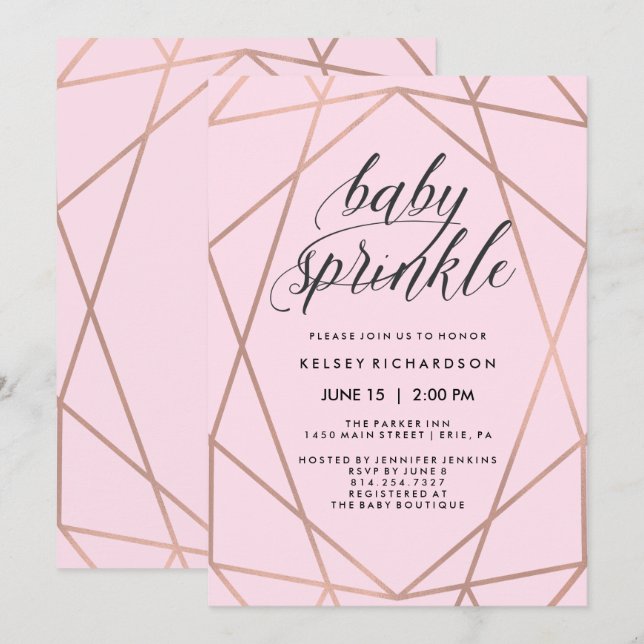 Invitación Rosa Faux Oro Geométrico Rubor Pink Baby Sprinkle (Anverso / Reverso)