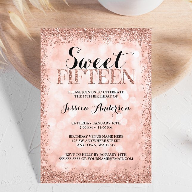 Invitación Rosa Faux Purpurina Luces Dulce 15 Quinceanera (Subido por el creador)