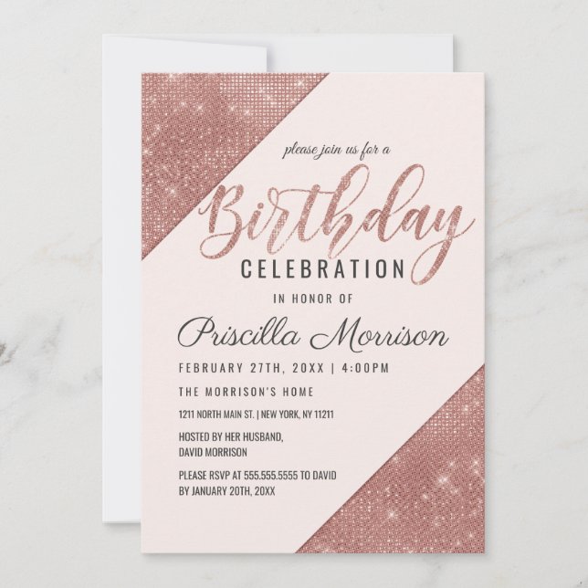 Invitación Rosa Faux Sparkling Purpurina Sequin Cumpleaños (Anverso)