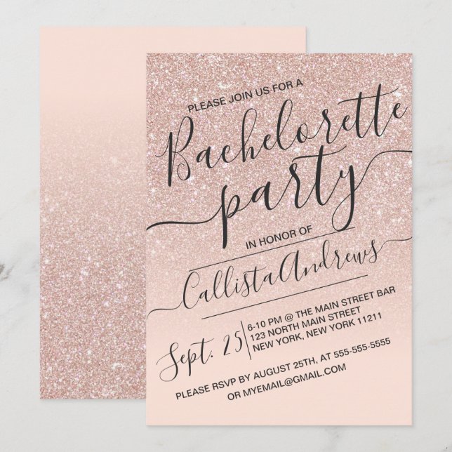 Invitación Rosa Faux Sparkly Purpurina Ombre Bachelorette (Anverso / Reverso)
