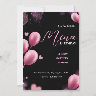 Invitación rosa femenino brillo cumpleaños negro lindo