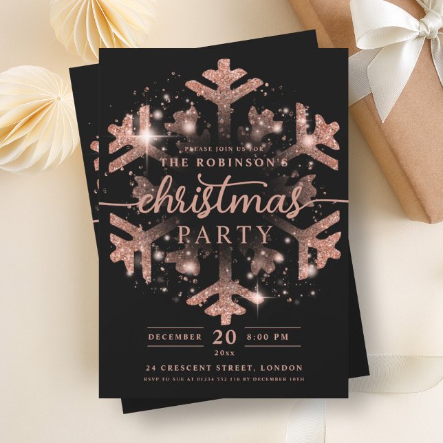 Invitación Rosa festivo  oro Navidades de copo de nieve negro (Festive Rose Gold Winter Snowflake Christmas Black Invitation)