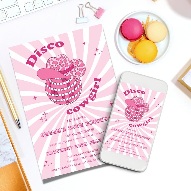 Invitación Rosa | Fiesta de cumpleaños de Cowgirl Disco (Disco Cowgirl Birthday Party Invitation Template)