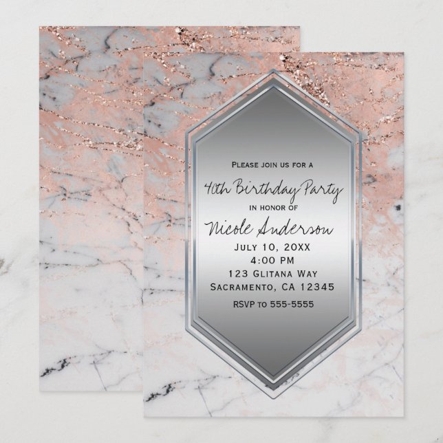 Invitación Rosa Fiesta de Cumpleaños de Mármol de Oro Cualqui (Anverso / Reverso)