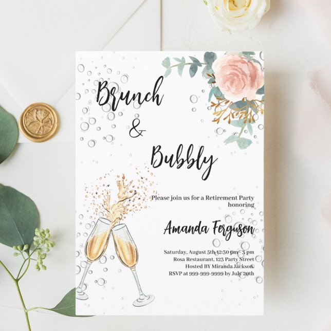 Invitación Rosa Fiesta de Jubilación de Brunch Floral Bubbly (Subido por el creador)