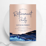 Invitación Rosa Fiesta de Jubilación de la Marina Azul<br><div class="desc">Invitación a la fiesta de retiro de la marina azul y oro rosa. Elegante diseño moderno con acuarela azul real agate fondo geodésico de mármol, rosa purpurina falso de oro y letra de escritura tipográfica. Tarjeta de invitación de moda perfecta para una elegante celebración de retiro de mujeres. Invitaciones Zazzle...</div>
