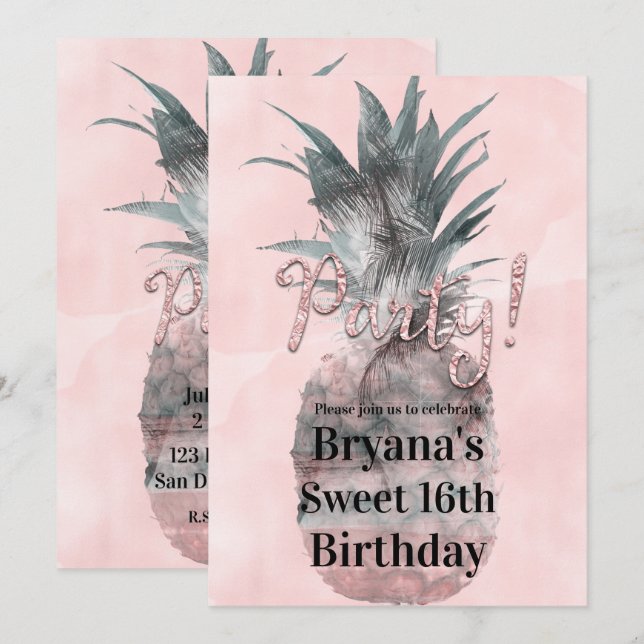 Invitación Rosa Fiesta de piña rosada tropical de verano (Anverso / Reverso)