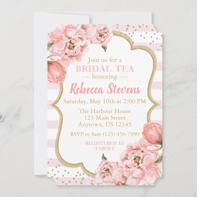 Invitación Rosa Fiesta de té de novia rosado y dorado (Anverso)
