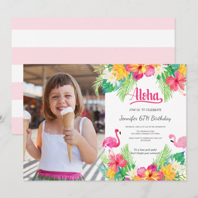 Invitación Rosa | Flamingo Tropical Luau Foto Cumpleaños (Anverso / Reverso)