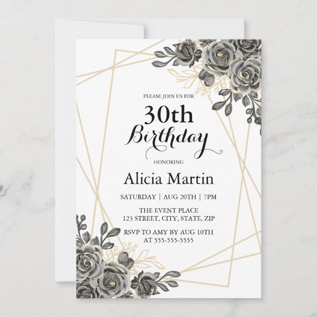Invitación Rosa Flor Negra y Oro Mujer Adulta Cumpleaños (Anverso)