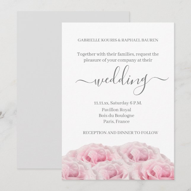 Invitación Rosa Flor Rosa Gris Blanco Elegante Boda Floral (Anverso / Reverso)