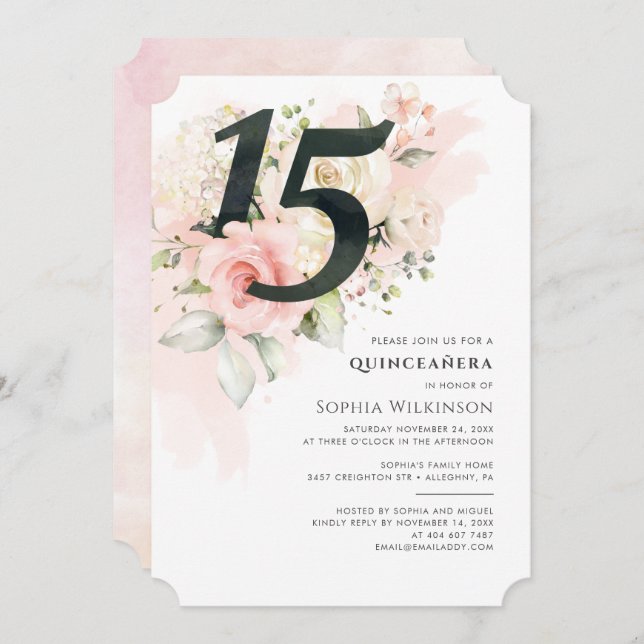 Invitación Rosa Floral 15 cumpleaños Quinceanera Rústica (Anverso / Reverso)