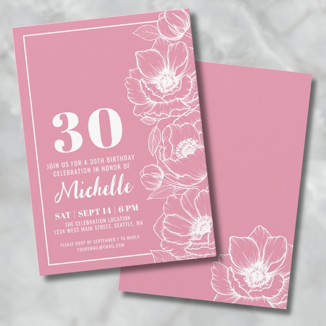 Invitación Rosa floral 30 cumpleaños (Floral Pink 30th Birthday Invitation)