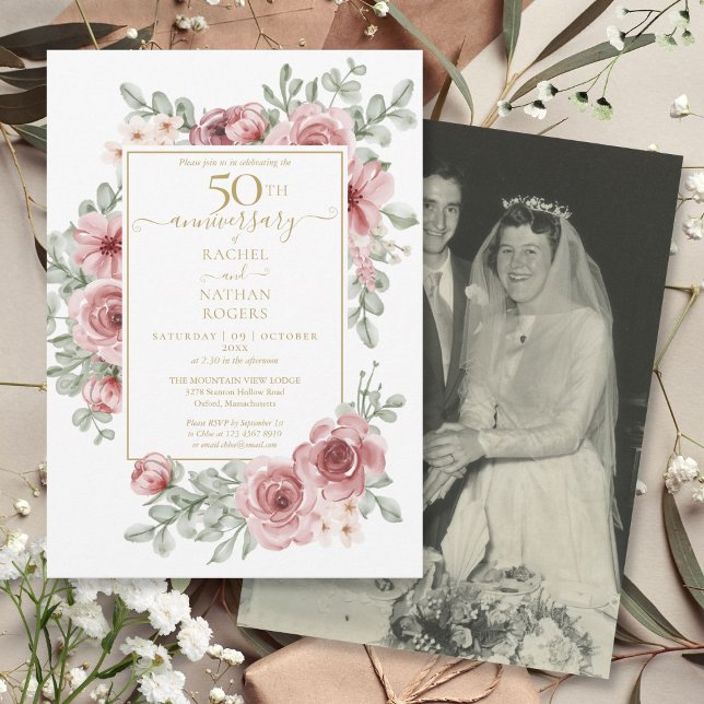 Invitación Rosa floral 50º Boda del Aniversario de Oro Foto (Floral Rose 50th Golden Anniversary Wedding Photo Invitation)