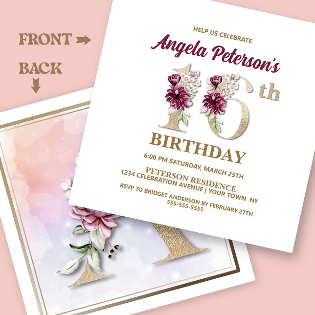Invitación Rosa Floral A 16th Birthday Party (Subido por el creador)