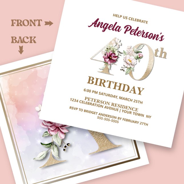 Invitación Rosa Floral A 40th Birthday Fiesta (Subido por el creador)