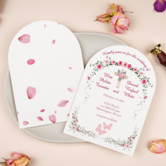 Invitación Rosa Floral acuarela Boda cristiana (Roses Watercolor Floral with Cross Arch Wedding Invitation)