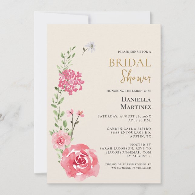 Invitación Rosa floral acuarela Ducha nupcial (Anverso)