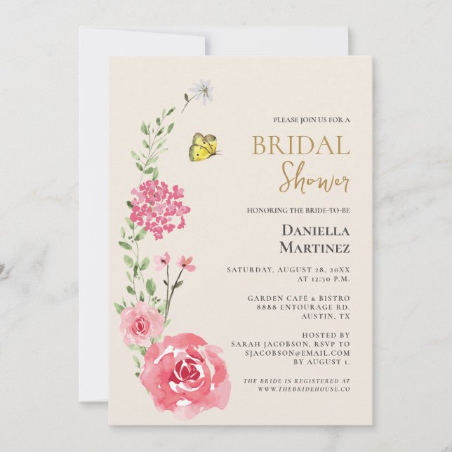 Invitación Rosa floral acuarela mariposa Bridal Shower (Anverso)