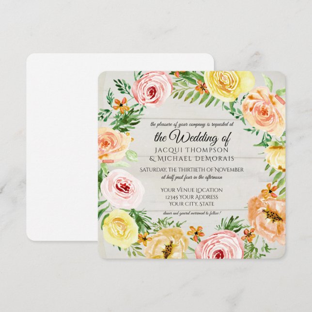 Invitación Rosa floral acuarela Rosas de guirnaldas de madera (Anverso / Reverso)