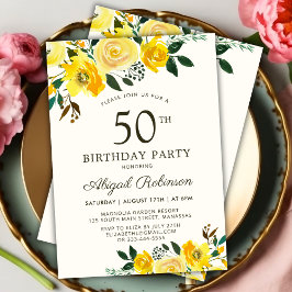 Invitación Rosa floral amarilla moderna en acuarela Cumpleaño