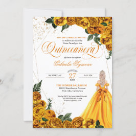 Invitación Rosa floral amarillo y elegante de oro Quinceañera