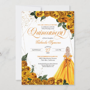 Invitación Rosa floral amarillo y elegante de oro Quinceañera