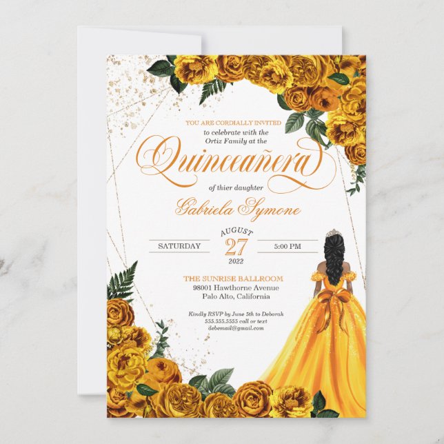 Invitación Rosa floral amarillo y elegante de oro Quinceañera (Anverso)