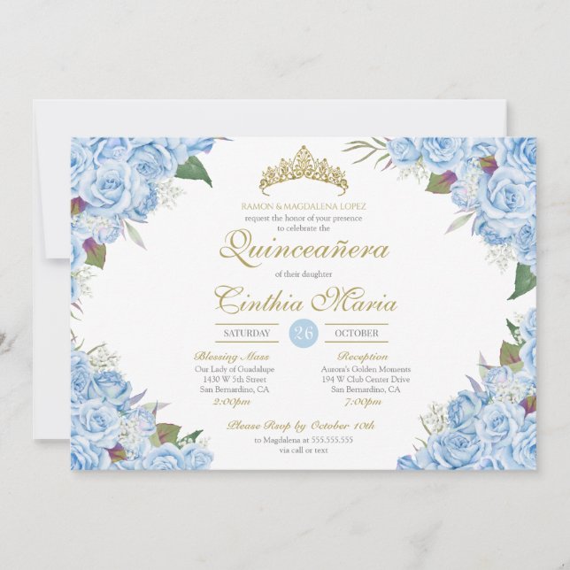 Invitación Rosa floral azul claro Cinderella Quinceanera (Anverso)