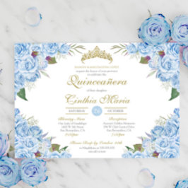 Invitación Rosa floral azul claro Cinderella Quinceanera