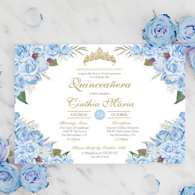 Invitación Rosa floral azul claro Cinderella Quinceanera (Subido por el creador)