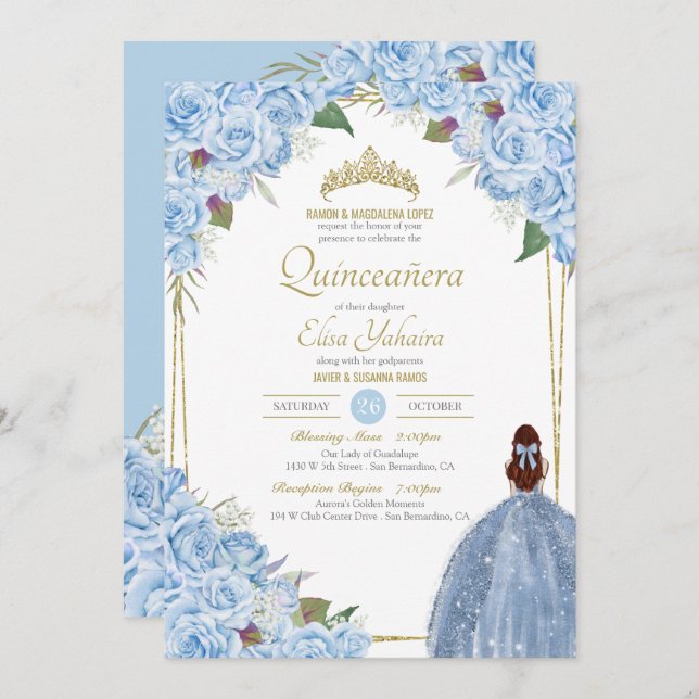 Invitación Rosa floral azul claro Quinceanera elegancia (Anverso / Reverso)