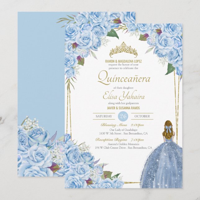 Invitación Rosa floral azul claro Quinceanera elegancia (Anverso / Reverso)