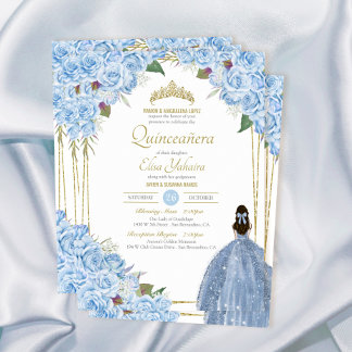 Invitación Rosa floral azul claro Quinceanera elegancia