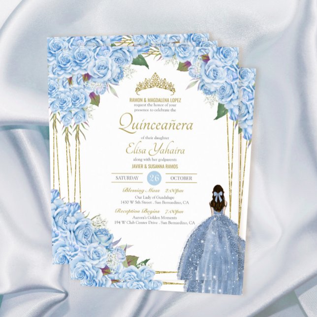 Invitación Rosa floral azul claro Quinceanera elegancia (Subido por el creador)