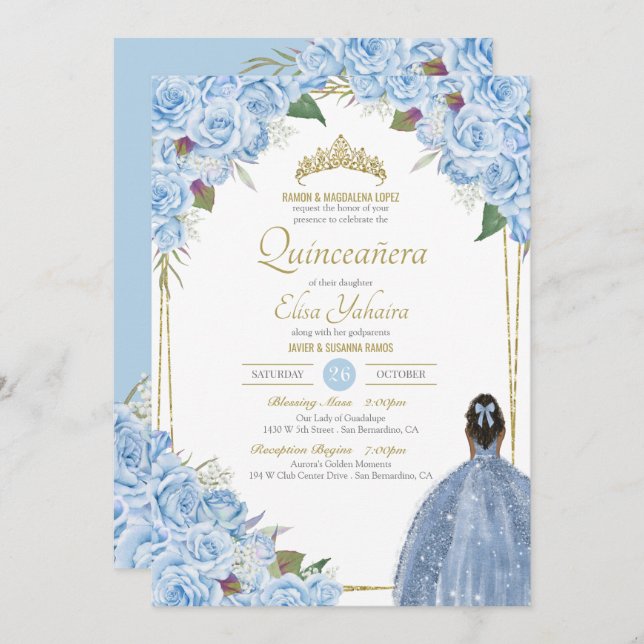 Invitación Rosa floral azul claro Quinceanera elegancia (Anverso / Reverso)