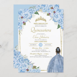 Invitación Rosa floral azul claro Quinceanera elegancia