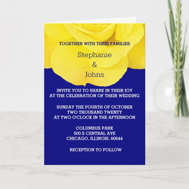 Invitación Rosa floral azul de la marina amarilla Boda elegan (Anverso)