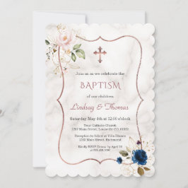 Invitación Rosa floral azul de la marina, gemelos dorados bau