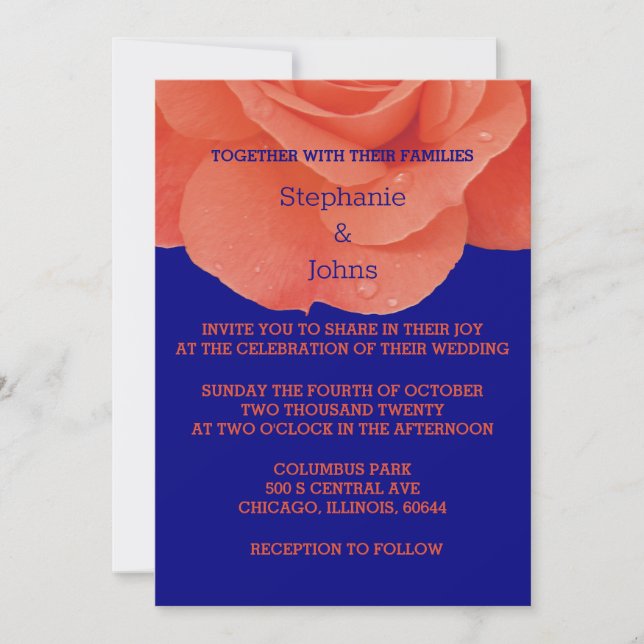 Invitación Rosa floral azul de la Marina naranja Elegante Bod (Anverso)