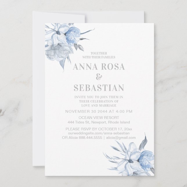 Invitación *~* Rosa Floral Azul Dusto AR15 WEDDING RSVP + In (Anverso)