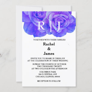 Invitación Rosa floral azul monograma Flores Elegante Boda