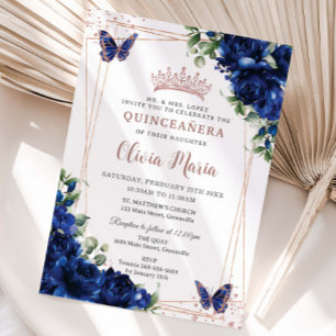 Invitación Rosa floral azul real oro Quinceañera mariposa