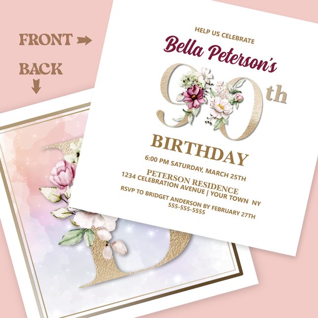 Invitación Rosa Floral B 90th Birthday Party (Subido por el creador)