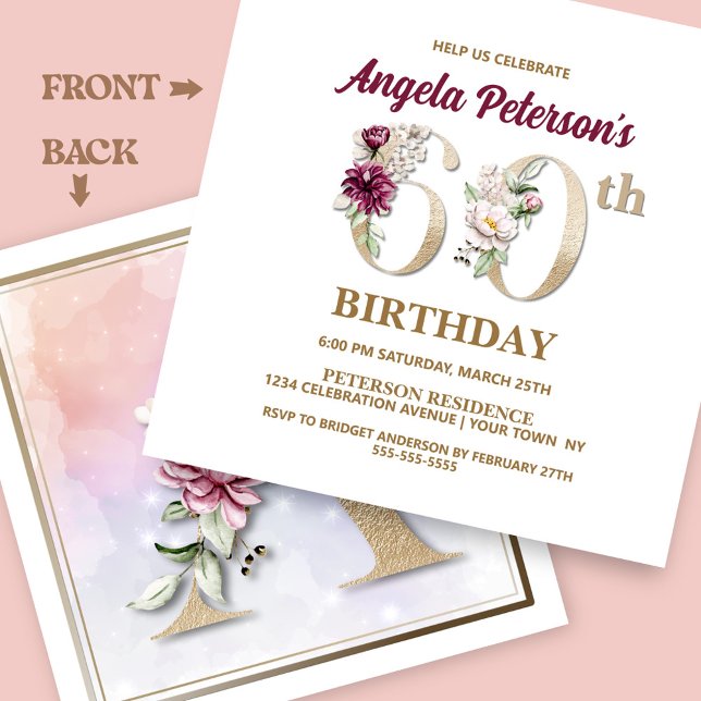 Invitación Rosa Floral B Fiesta de cumpleaños número 60 (Subido por el creador)