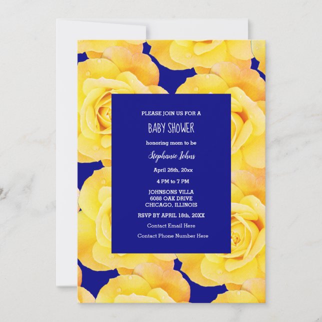 Invitación Rosa Floral Baby Shower Bebé Chica Amarillo Azul (Anverso)